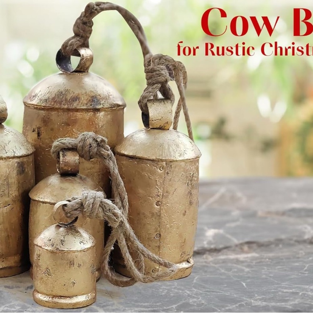 Akatva Large Brass Cow Bells 
Rustic Christmas Decor 5 pc Set
Vintage Gold Bells - Picture 4 of 12
